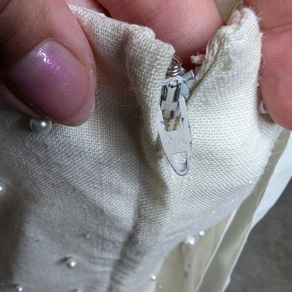 Vtg 1980s Michael Maiello Pat Richards Ivory Pearl Beaded Tiered Midi Dress 20 - Picture 6 of 9